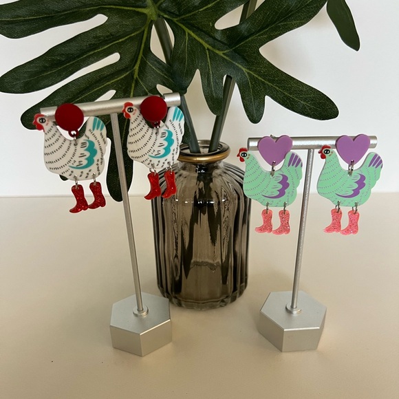 1970's Inspired Chicken in Boots Dangle Earrings - Colorful Retro Drop Earrings - Picture 3 of 14